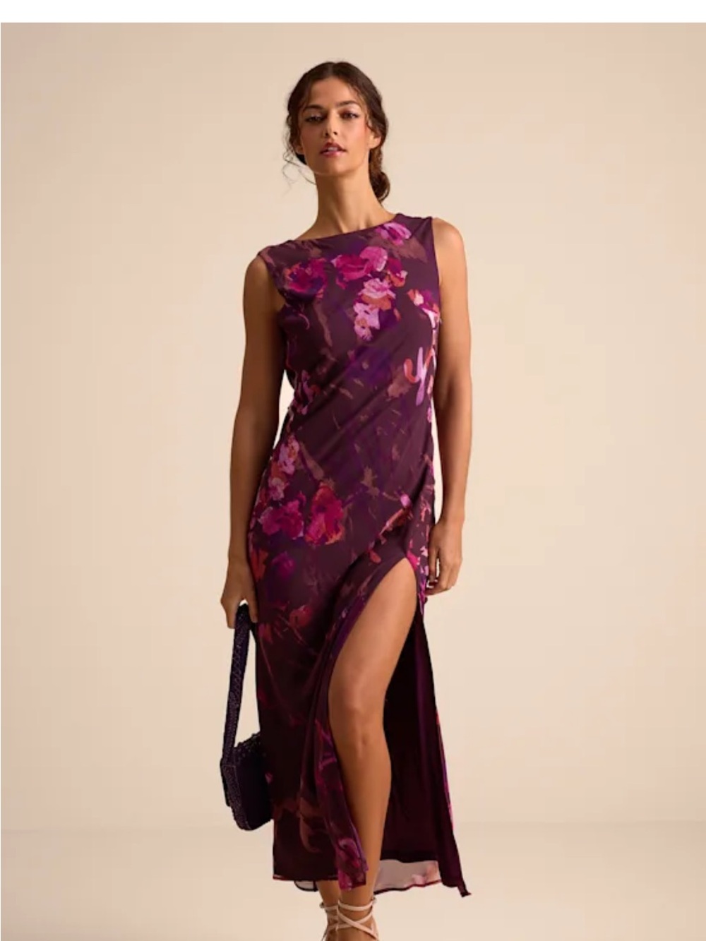 Lulus Yaneli Plum Floral Boat Neck Cowl Back Maxi Dress